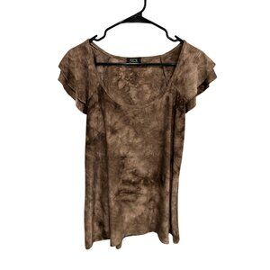 Shannon Ford NY Brown Tie-Dye Flutter Sleeve Scoop Neck Top Boho Trendy